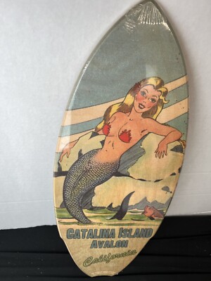 NOS The Original Mermaid Mini Surfboard Featuring Avalon on Catalina Island 
