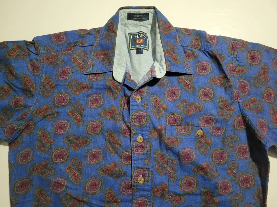 Camisa De Colección Años 90 Chaps Ralph Lauren Para Hombre Pequeña Azul Paisley Estampado Completo Foto 2 de 4