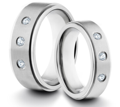 HIS & HERS 8MM/6MM Titanium Matte Silver Diamond Inlay Wedding Band TWO RING SET
