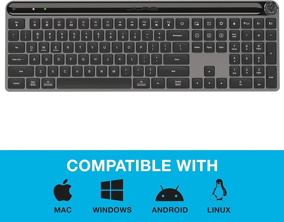 JLab Epic Wireless Keyboard, Black, 108 Keys, Multi-Device, 2.4G/Bluetooth - Image 2 of 4