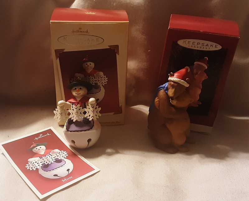 Pair of Vintage Hallmark Ornaments; Mom & Dad hugging Bears & Mom Snowman