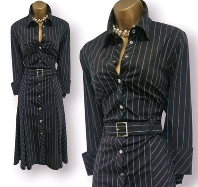 Karen Millen UK 14 Black Pinstripe Cotton Belted Fit Flare Military Shirt Dress