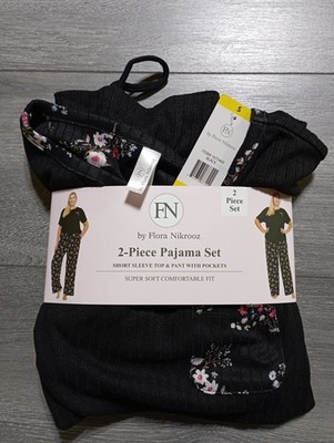 FN by Flora Nikrooz 2 Piece Pajama Set Womens  Small Black Floral Top/Pant
