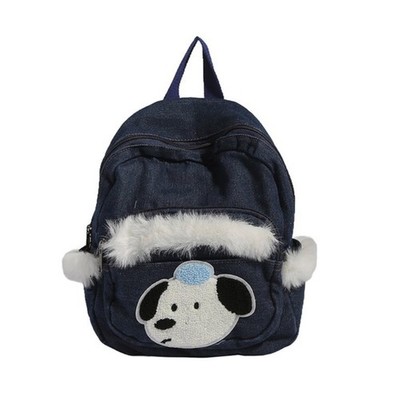 Furry Spliced Small Backpack Casual Denims Fashion Cartoon School Bag for Casual