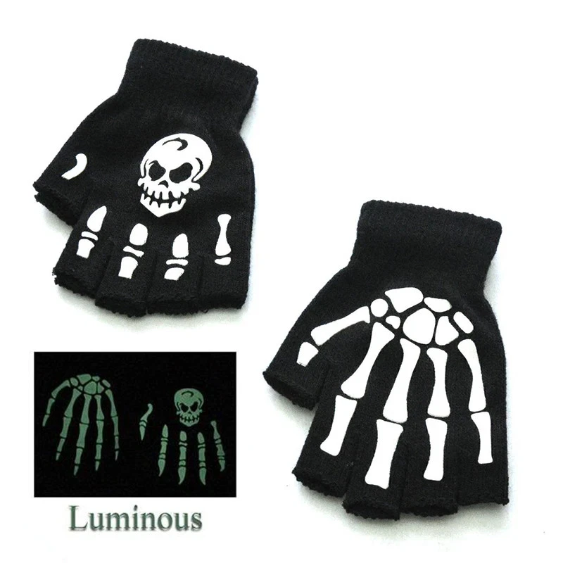 Halloween Skelett Handschuhe Halb Finger Leuchtend Punk Gothic Warm - Bild 4 von 4