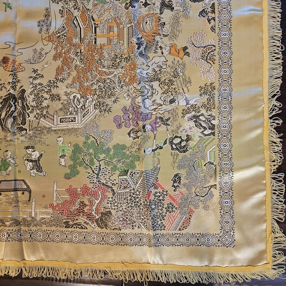 Cantonese Silk Brocade Tablecloth Wall Art 57"x76" Asian Cukture Loop Fringe - Image 2 of 4