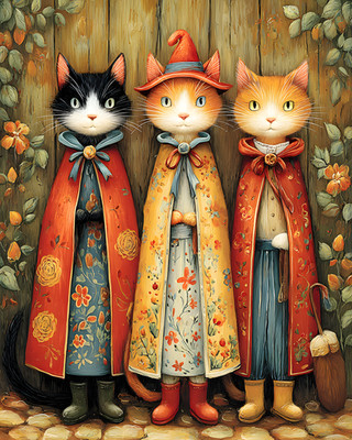 8x10 Cozy Storybook Three Cats in Garden Art Print Cottagecore - 248563614