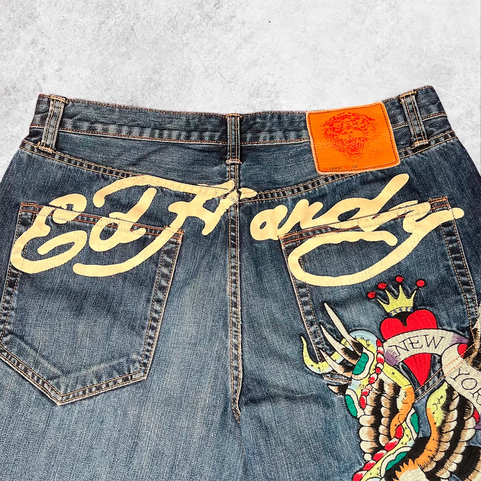 Ed Hardy Denim Shorts NYC Skull Snake Tattoo Embroidery Dark Wash Y2K Streetwear - Bild 4 von 4