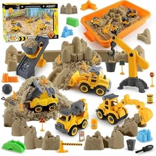 43-Piece Construction Sensory Playset – 2 lbs Play Sand, 4 DIY Trucks, Crane ...