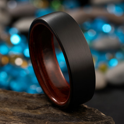 8mm Black Brushed Tungsten Red Sandal Wood Inlay Wedding Band Ring Men's Jewelry