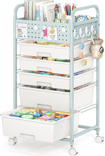 5 Drawer Rolling Storage Cart with Pegboard Top and Hooks, Green  Mobile Utilit