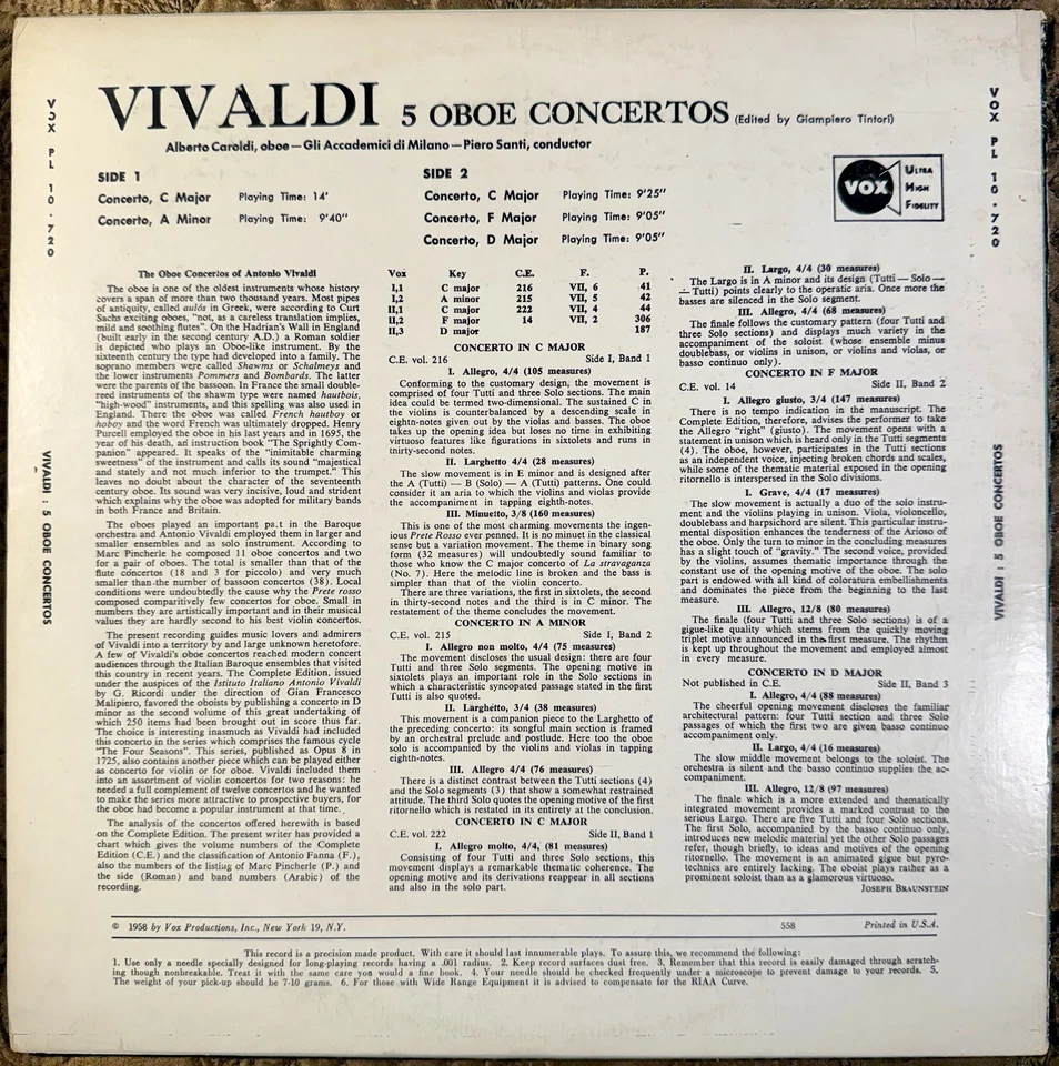 Vivaldi 5 Oboe Concertos - Alberto Caroldi - Piero Santi LP Vinyl Record 1958 Foto 4 de 4