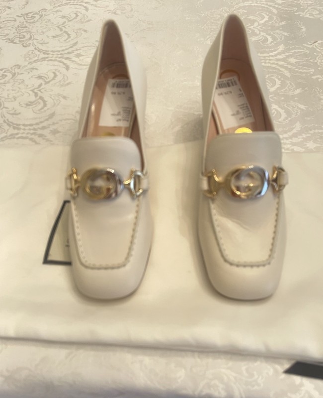 Gucci  ivory Leather Interlocking GG Block Mid Heel Loafer Pumps, Size 37