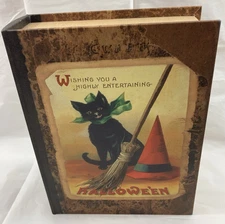 Square One Halloween Faux Book Decoration Storage Box black cat, witch broom hat