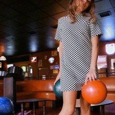 Zara SMALL Black White Checkered Short Sleeve Mini Mod Retro Dress Open Back