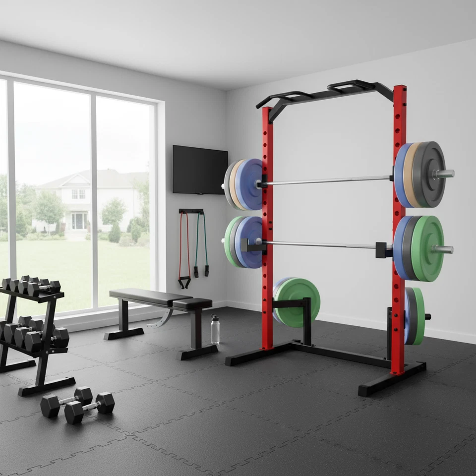 Estante de alimentación multifunción ajustable jaula eléctrica estante para sentadillas con barra de tracción y ganchos en J Foto 2 de 4