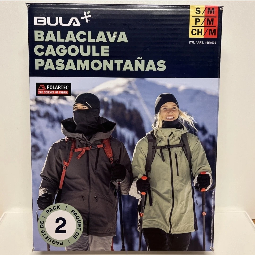 BULA Covertible Balaclava Ski Mask Winter Face Cover, Black, 2 Pack Size S/M