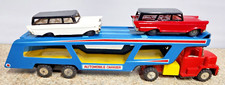 Vintage 1960's Plastic  Tin 14.5" Car Carrier Truck with two 4.5" Ford Wagons
