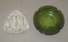 2 Vintage Ashtrays Anchor Hocking Green Ripple & Clear Triangular Swirl Glass