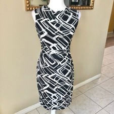 David Meister Black and White Abstract Sleeveless Fitted Midi Dress