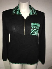 P.S. Kate Pocket T Shirt Womens S Small Black Aztec Print 1/4 Zip EUC