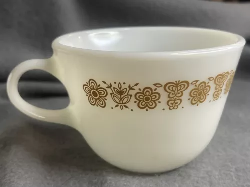 4 Vintage 70s Pyrex Butterfly Gold Milk Glass Coffee Tea Cup Mug