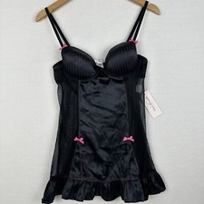 Babydoll Chemise Nightgown  Thong Set Linea Donatella Black Pink Mesh Nylon NWT