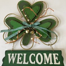 St. Patrick's Day Wooden Shamrock Welcome Green Hanging Wall Decor Plaque FLAW
