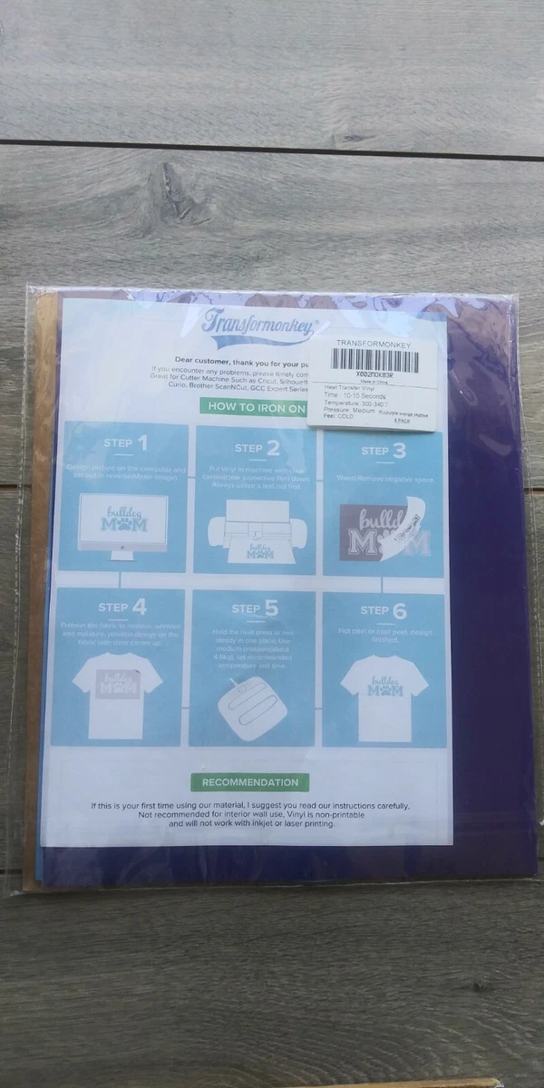 Transformonkey 6pk Heat Transfer Vinyl Sheets 12"x10" Iron On Heat  Press T-Shirt | eBay