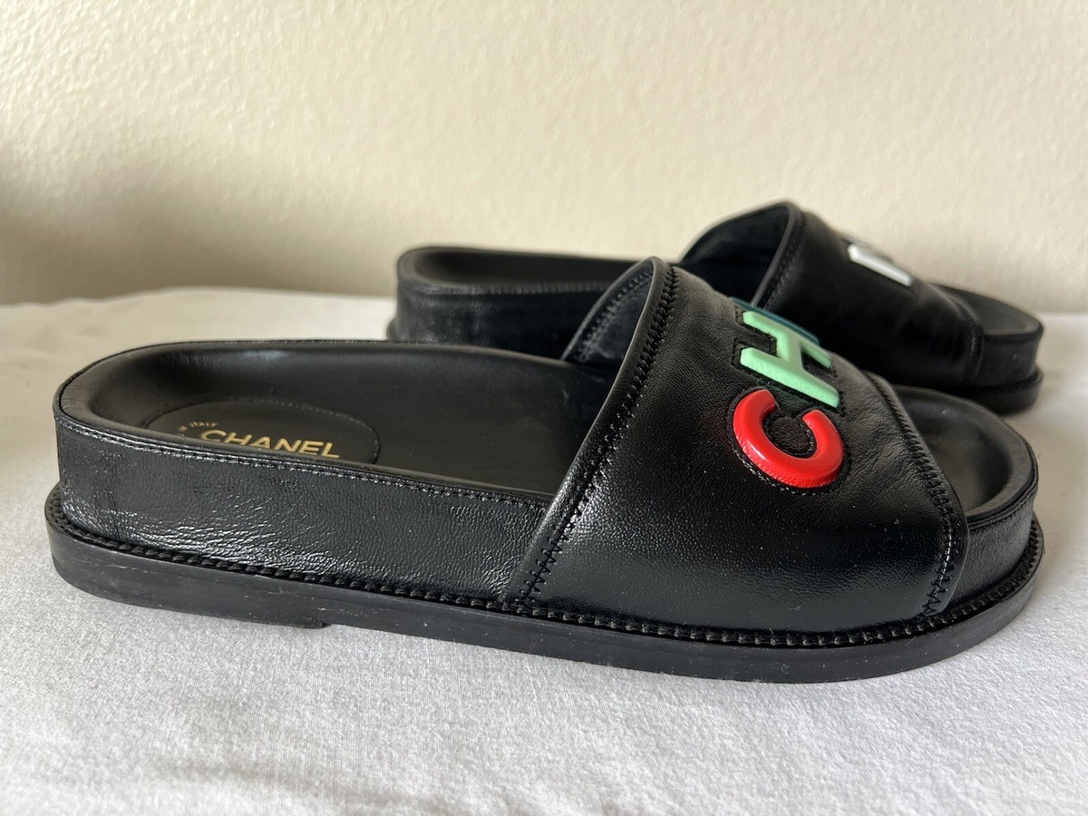CHANEL Black Multi Leather Mules Sandals Slides CHA-NEL Sz