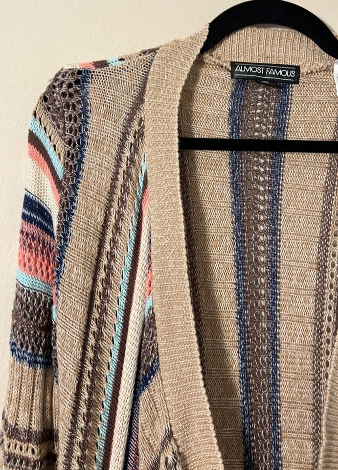 Almost Famous Longline Waterfall Striped Fringe Cardigan Size Small - Image 3 of 4