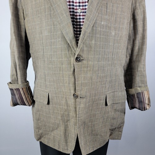 Tasso Elba Men's Sport Coat Blazer Two Button 100% Linen Brown Plaid Sz XL - Picture 3 of 19