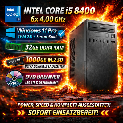 Windows 11 Pro PC | Intel 6x 4,0 GHZ | 32 GB RAM | 1000 GB SSD | DVD | TPM |WLAN