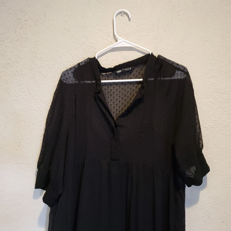 Zara Swiss Dot Long Sleeve Tiered Smocked Maxi Dress Black X Large - Image 4 of 4