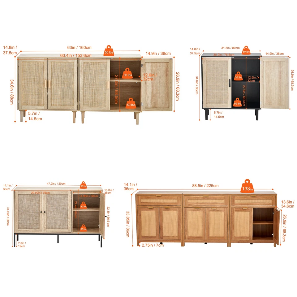 Armario de Ratán con 4/2 Puertas Magnéticas 2/3 Cajones Estantes Ajustables Natural Foto 2 de 2