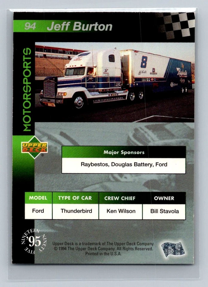 Jeff Burton #94 1995 Upper Deck Stavola Brothers Racing - Image 2 of 2