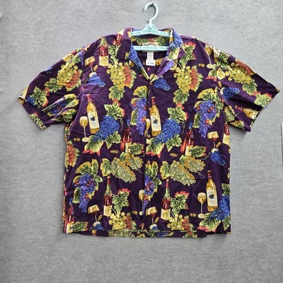 VINTAGE Paradise Found Men Button Up Shirt 2XL Purple Floral Wine Bottles Grapes