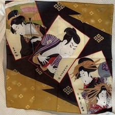 Vintage Japanese Ukiyo-e Silk Feel Scarf 17x17 Geisha Kabuki Art Head Neck