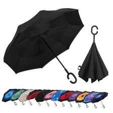 Inverted Umbrella, Windproof Reverse Umbrella with C  Shaped Handle, Self black