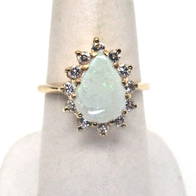 Vintage 14k Yellow Gold and Fiery White Opal with Natural Diamonds .33 TW Ring