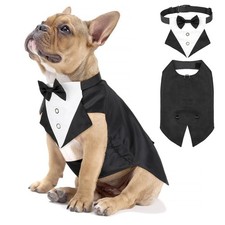 Dog Tuxedo Suit and Bandana Set - Detachable Bow Tie Collar, Fashionable Form...
