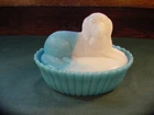 Antique Dog on Nest Blue White Milk Glass Lidded Covered Dish No Reserve CD7