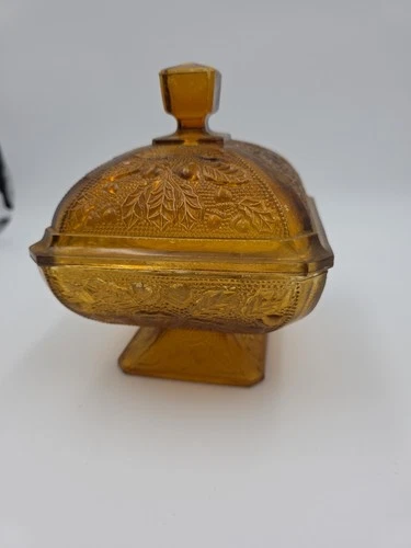 Vintage Indiana Glass Lidded with Pedestal Flash Amber Candy Dish