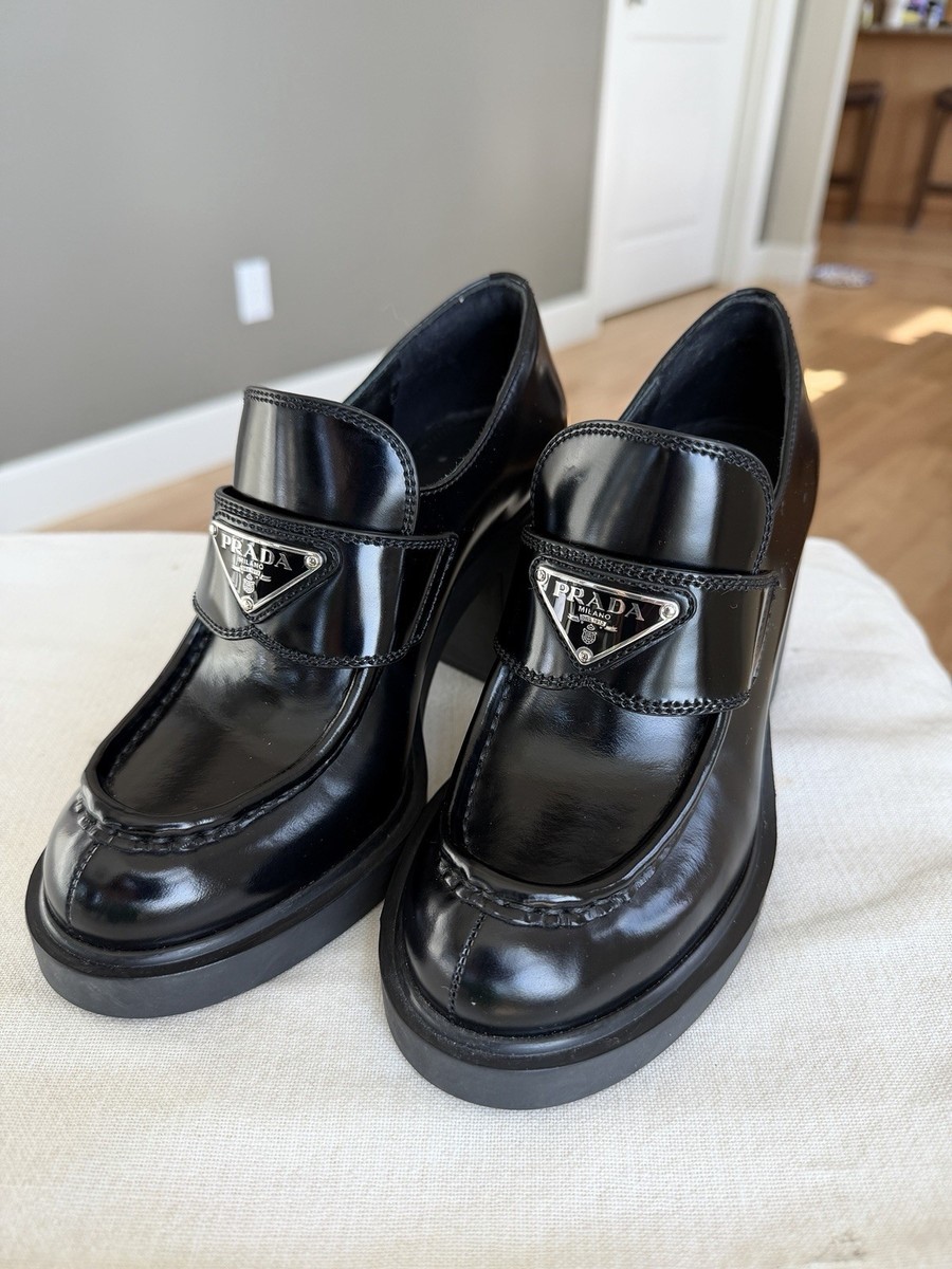 Prada 1D246M Spazzolato Platform Heel Loafer Black Nero Size 36 w