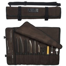 Canvas Chef Knife Roll Bag - 10 Knife Slots and a Large Zipper Pocket - Durab...