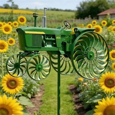 Giratorio de viento para tractor verde, molino de viento de metal estaca de jardín con ruedas giratorias