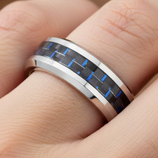 6mm Men  s Tungsten Ring   Blue Carbon Fiber Weave Inlay Beveled Wedding Band