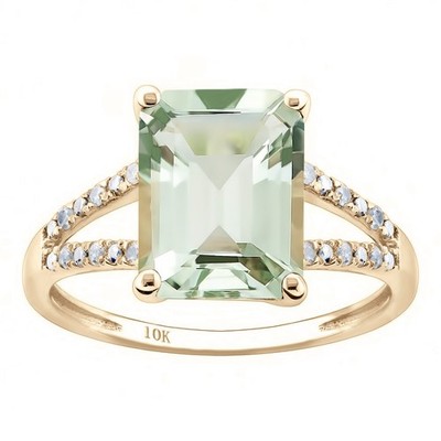 10k massiver Gelbgold Smaragdschliff grüner Amethyst und Diamant geteilter Schaft Ring