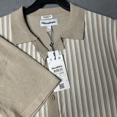 Threadbare Beige Striped Knit Short Sleeve Button-Up Shirt Large
