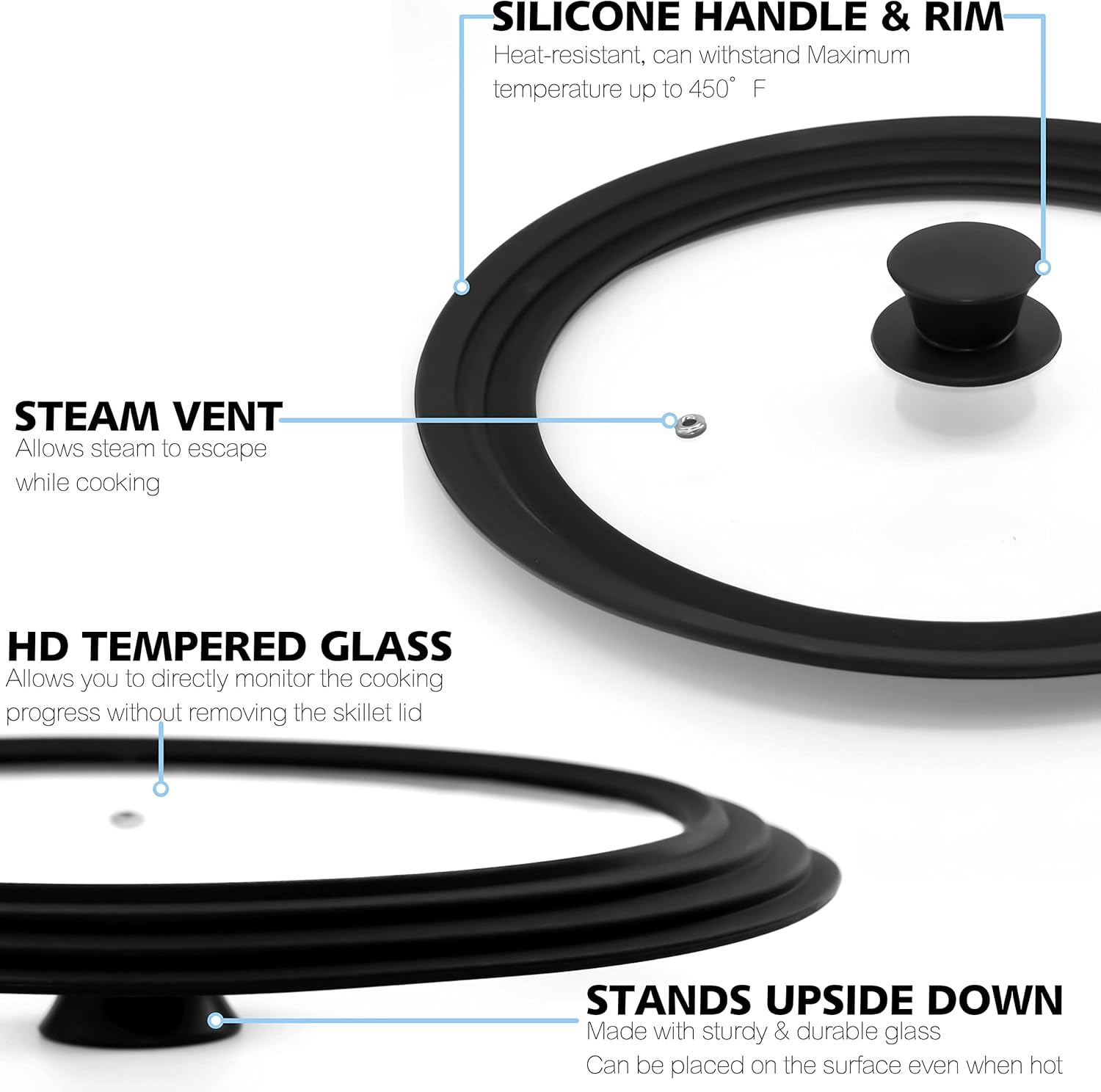 Silicone Universal Lid for Pots, Pans and Skillets - Tempered Glass Covered with